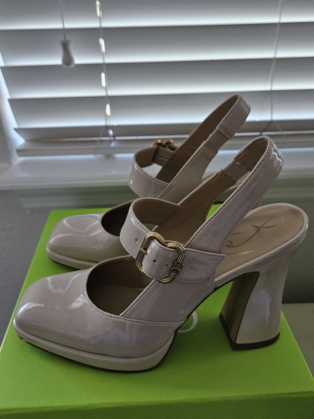 Sam Edelman Patent Slingback Block Heels in Light Beige
